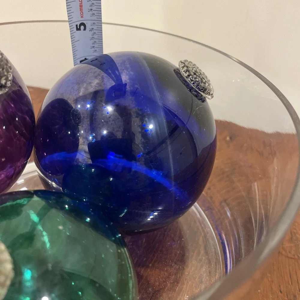 Lot Of 3 Vintage Hand Blown Green Purple Glass Fishing Net Ball Floats Japanese